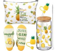 SiliFine 3 Pcs Pineapple Gifts Set for Women, Glass Cup Socks Makeup Bag | Hawaiian Aloha Themed Presents, Summer Tropical Party Favors, Pineapple Pattern Drinkware with Straw, Unique Birthday Gifts