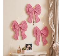 SiliFine 3 Pcs Pink Bow Wall Decor Large Rattan Bow Pink Coquette Wall Art Woven Boho Natural Hanging Decorations for Girls Room Bedroom Living Room Home Wedding Housewarming Gifts Party Decor