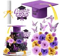 SiliFine 33 Pcs Graduation Cake Kit Includes Glitter Cake Toppers Felt Graduation Cap with Tassel Diploma Flowers 3D Butterfly Decor for 2026 Graduate Party Supplies(Purple)