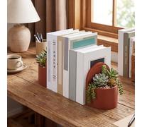 SiliFine 3D Printed Plant Pot Bookend Red Clay Color with Hidden Water Tray | Novelty Dual Use Book End, Home Office Shelf Decor, Gift for Plant Reading Lovers, Plants Not Included
