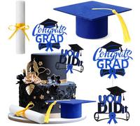 SiliFine 4 Pcs Congrats Grad Cake Topper Includes You Did It Cake Topper Felt Graduation Cap with Tassel Diploma Decoration for 2025 Senior School University College Graduation Party Supplies(Blue)