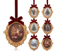 SiliFine 6 Set Vintage Mini Christmas Picture Frame with Bow 3.1 x 4.5 Inch | Christmas Wall Home Decor, Old Money Antique Gold Resin Frames with Canvas Print, Holiday Table Centerpiece, Mantel Display