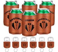 SiliFine 6 Sets Groom and Groomsmen Leather Can Cooler with 6 Bottle Opener, Groomsmen Proposal Can Sleeve Favors, Wedding Can Cooler for Groom Groomsmen Bachelor Gifts Wedding Party