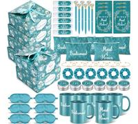 SiliFine 60 Pcs Bridesmaid Proposal Gift Set, Maid & Matron of Honor Box with Mug Makeup Bag Candle Lip Balm Hair Scrunchie Diamond Pens Bracelet Eye Mask Invitation Cards(Tropical Teal)