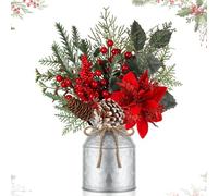 SiliFine Christmas Table Centerpiece Decoration Artificial Flower Stems Assorted Holly Red Berry Pine Cone Picks with Rustic Galvanized Metal Pots for Christmas Farmhouse Office Home(Classic)