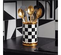 SiliFine Large Checkered Utensil Holder Ceramic Kitchen Utensil Crock | 8.1" x 5.1" Kitchen Utensil Organizer, Black White Modern Checkered Countertop Decor, Farmhouse Housewarming Gift Accessories