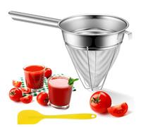 SiliFine Stainless Steel Reinforced Bouillon Strainer Sieve Strainer Cone Fine Mesh Strainer with Handle and Wood Pestle for Kitchen Food Cooking (8 Inch)