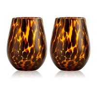 SiliFine Tortoise Shell Colored Stemless Wine Glasses, Hand Blown Colorful Wine Glasses, 19oz Amber Brown Colored Glassware, Ideal Glassware Tumbler for Gin, Tequila, Vodka, Soft Drinks (Set of 2)