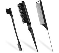 Siliget 3 Pcs Hair Brush Set, Slick Back Hair Brush Edges Brush, Rat Tail Comb, Plastic Bristle, Teasing Brush Set for Women Smoothing Hair (Black)