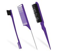 Siliget 3 Pcs Hair Brush Set, Slick Back Hair Brush Edges Brush, Rat Tail Comb, Plastic Bristle, Teasing Brush Set for Women Smoothing Hair (Purple)
