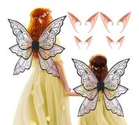 Silipull 2 Set Glitter Fairy Wings with Elf Ears Butterfly Wing Mum Daughter Halloween Fairy Costume for Girl Women(Black)