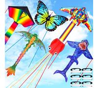 Silipull 6 Pack Large Flying Animal Kites for Adults with Reel and String Pterosaur Dragon Rainbow Butterfly Shark Octopus Rocket Kites for Beach Outdoor Park Game Activities