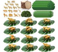 Silipull 85 Pcs Jungle Party Decorations Set Includes 24 Safari Animals 48 Tropical Palm Leaves 12 Wood Slices 1 Artificial Moss Table Centerpieces for Wedding Hawaiian Luau Jungle Safari