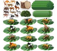 Silipull 89 Pcs Jungle Party Decorations Set Includes 28 Safari Animals 48 Tropical Palm Leaves 12 Wood Slices 1 Artificial Moss Table Centerpieces for Wedding Hawaiian Luau Jungle Safari