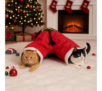Silipull Christmas Cat Tunnel Pet Santa Suit Pants with Balls, 3 Way Tunnel with Crinkle Paper & Strong Spring-Steel Frame, Interactive Festive Toy for Kittens Kitty, Red Xmas Pet Gift