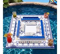 Silipull Floating Mahjong Table for Pool 31.5 x 31.5 Inch EVA Foam Float Board with Cup Holders Tile Grooves Waterproof Pool Game Table for 4 Players Party Games for Cards Dominoes(Mediterranean Tile)