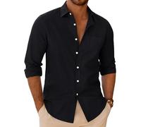 siliteelon Black Shirt Mens Linen Shirts Long Sleeve Cotton Casual Regular Fit Solid Holiday Beach Summer Fashion with Pocket XL