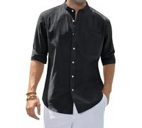 siliteelon Grandad Collar Long Sleeve Black Men's Shirts Cotton Regular Fit Banded Collar Summer Beach Shirts with Pocket,XL