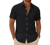 siliteelon Mens Linen Shirts Short Sleeve Summer Shirt Regular Fit Casual Cotton Holiday Beach Tops with Pocket Black L