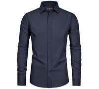 siliteelon Men's Shirt Dark Blue Stain Shield Men's Long Sleeve Stretch Iron Free Business Casual Button Down Shirts