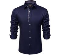siliteelon Mens Shirts Navy Blue Dress Shirt Formal Long Sleeve Button Down Brown Plaid Work Fashion Smart Floral Collar Regular Fit Work Interviews Shirts M