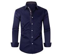 siliteelon Mens Shirts Navy Blue Dress Shirt Formal Long Sleeve Button Down Brown Plaid Work Fashion Smart Floral Collar Regular Fit Work Interviews Shirts S