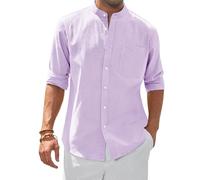 siliteelon Men's Shirts No Collar Lavender Men's Long Sleeve Collarless Linen Shirts Regular Fit Beach Travel Shirt with Pocket Holiday,Vacation