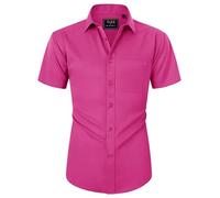 siliteelon Mens Shirts Short Sleeve Stretch Dress Regular Fit Casual Business Summer Shirt with Pocket Magenta M
