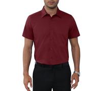 siliteelon Mens Shirts Stain Shield Short Sleeve Burgundy Dress Formal Shirts Stretch Men's Shirt Plain Cotton Regular Fit Casual Business Shirt for Adult