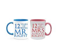 Silk Anniversary 12 Years of Being Mr Right & Mrs Always Right Set of 2 Wedding Anniversary, Valentines Day, Coloured Couple Mug Set. (12 Years)
