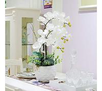 Silk Artificial Orchid Silk White Pink Phalaenopsis Bouquet Fake Flowers with Vase Outdoor Wedding Home Office Decor for House Table Office Desk Decor (Color : White)