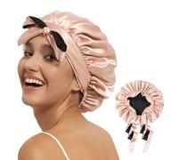 Hat Hut Satin Bonnet Silk Bonnet for Sleeping Cap for Curly Hair Bonnet for Women Double Layer Reversible Bonnet with Tie Band (Pink/Black)