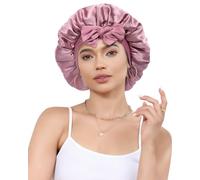 Silk Bonnet for Sleeping 100% Mulberry Women Double Layer Sleep Cap with Adjustable Elastic Band Silk Hair Wrap(Bean Paste+Pink)