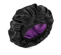 Silk Bonnet for Sleeping Women Double Layer Satin Bonnet Hair Bonnet with Elastic Tie Band Adjustable Bonnet for Curly Hair(Black and Purple)