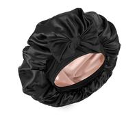 Silk Bonnet for Sleeping Women Double Layer Satin Bonnet Hair Bonnet with Elastic Tie Band Adjustable Bonnet for Curly Hair（Black and Champagne）