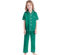 Silk Button Two Piece Pajamas for Kids Girls' Short-Sleeved Casual Pyjamas V-Neck Top with Pockets and Elasticated Waist Long Pants Comfortable and Breathable Homewear Kid's (Green, 10-11 Years)