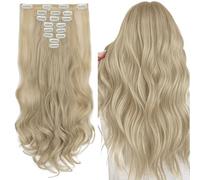 Silk-co 17 inch 8PCS Hairpiece Clip in Hair Extensions Blond&Bleach Blond 100% Synthetic Hair Piece Long Curly Wavy for Full Head