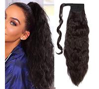 Silk-co 20" Ponytail Hair Extension Clip in/on Corn Wave Pony Tail Magic Paste Curly Synthetic Wrap Around Extension Hairpiece -Dark Brown