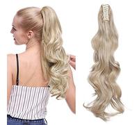 Silk-co 24inch Claw on Ponytail Hair Extensions Dark Blond&Bleach Blond Wavy Curly Hairpiece Pony Tail Wrap around Bonding