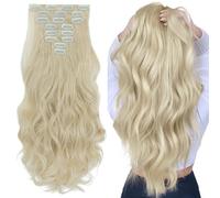 Silk-co Clip in Hair Extensions 17 inch Bleach Blond 100% Synthetic Hairpiece Extension 8pcs Long Curly Wavy Hair Pieces For Full Head