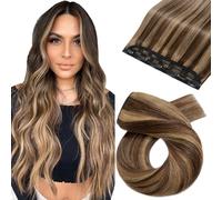 Silk-co Clip in Hair Extensions Human Hair 24inch Long Straight One Piece Clip on Hair Extensions Seamless Highlighted 3/4 Half Head (24"-60g, #4P27 Medium Brown&Dark Blonde)-Basic Thickness