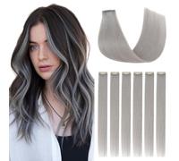 Silk-co Clip in Hair Extensions Real Human Hair Extension Double Weft With Lace Coverd Clip in Silky Straight 100% Natural Very Thin Highlight efffect for Women 6PCS 6Clip 18Inch #Sliver Grey 44g