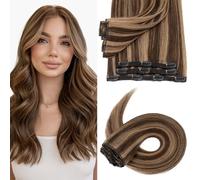 Silk-co Clip in Hair Extensions Real Human Hair Remy Double Weft With Lace Coverd Clip in Silky Straight Natural Thick Hair Seamless 7pcs 16Clips 110g 16Inch #2P6 Dark Brown&Light Brown