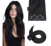 Silk-co Clip in Hair Extensions Real Human Hair Remy Double Weft With Lace Coverd Clip in Silky Straight Natural Thick Hair Seamless 7pcs 16Clips 130g Extension for Women 22Inch #01 Jet Black