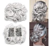 Silk-co Combs Hairpieces Hair Bun Scrunchy Scrunchie Updo Clip in Chignon Short Messy Curly Wavy Hair Extensions # Silver Grey