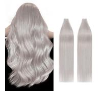 Silk-co Grey Tape in Hair Extensions Human Hair 16" Remy Real Hair -Skin Weft- Silky Soft Seamless Straight 40 Pcs, 100g/Set #Grey