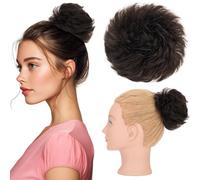 Silk-co Hair Buns Real 100% Remy Human Hair Scrunchy Updo HairPiece Extensions Donut Chignons 30g Curly Hair Pieces for Women Messy Bun Donut Bun Extension #1B Natural Black