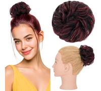 Silk-co Hair Buns Real 100% Remy Human Hair Scrunchy Updo HairPiece Extensions Donut Chignons 30g Curly Hair Pieces for Women Messy Bun Donut Bun Extension #1P99J Jet Black&Wine Red