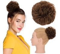 Silk-co Hair Buns Real 100% Remy Human Hair Scrunchy Updo HairPiece Extensions Donut Chignons 30g Curly Hair Pieces for Women Messy Bun Donut Bun Extension #04 Medium Brown
