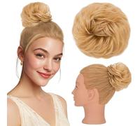 Silk-co Hair Buns Real 100% Remy Human Hair Scrunchy Updo HairPiece Extensions Donut Chignons 30g Curly Hair Pieces for Women Messy Bun Donut Bun Extension #24 Natural Blonde